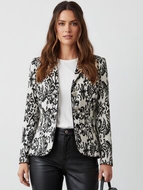 Vintage Jackie Jon Black White Damask Print Blazer Jeweled Buttons Sz 8
